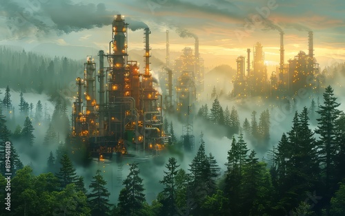 Industrial plant against a misty forest backdrop, emitting smoke with a sunrise sky, symbolizing environmental impact and industrialization.