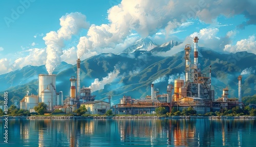 Industrial oil refinery by the water with mountains in the background under a bright blue sky with white clouds, reflecting in the still water. photo