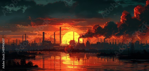 Industrial skyline with smokestacks at sunset, reflecting on water, depicting a dramatic, pollution-filled atmosphere.