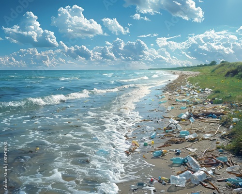 Polluted beach with plastic waste and debris washed ashore, highlighting environmental issues and ocean pollution under a clear blue sky.