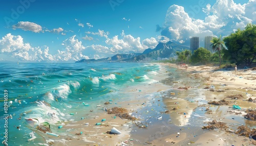 Polluted beach with scattered debris, turquoise waves, and a spectacular cloudy sky, highlighting environmental challenges. photo