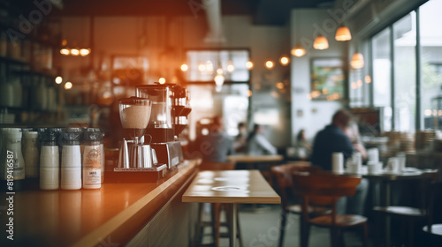 Coffee shop interior with warm lighting.