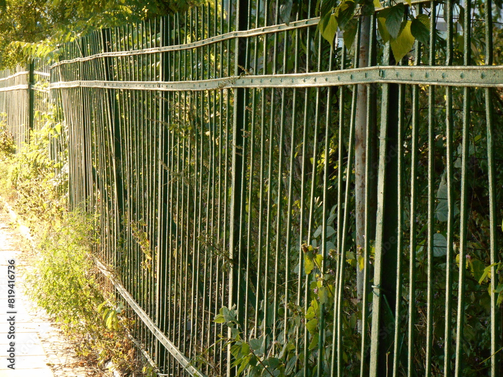 Old, metal, painted green fence. Old, metal, painted green fence.