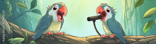 Two parrots singing duet cartoon flat design top view jungle theme cartoon drawing colored pastel photo