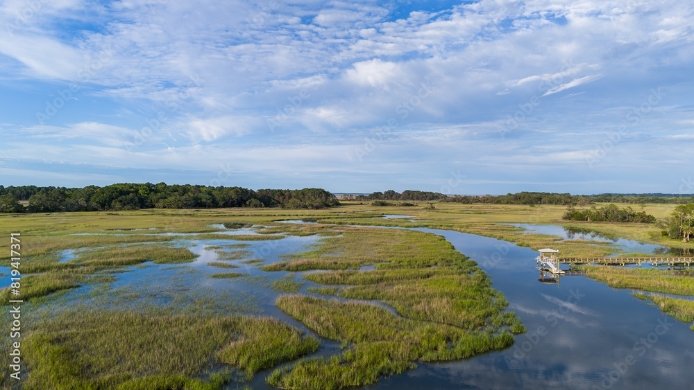 Low county marsh views from drone