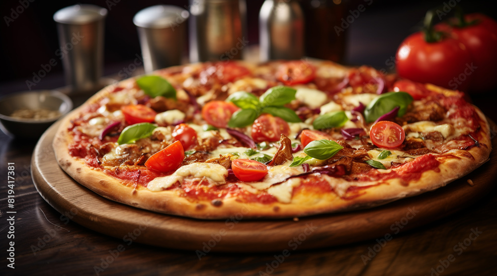 Freshly baked pizza on a table in cafe Freshly baked pizza on a table in cafe