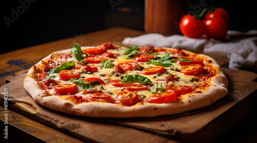 Freshly baked pizza on a table in cafe