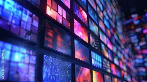 Fototapeta Naklejka Na Ścianę i Meble -  Multimedia video wall television broadcast. Multiple television screens 