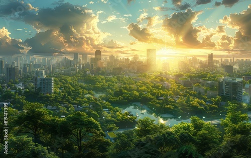 Stunning aerial view of a lush urban city with a sprawling park and vibrant sunrise creating a breathtaking landscape. photo