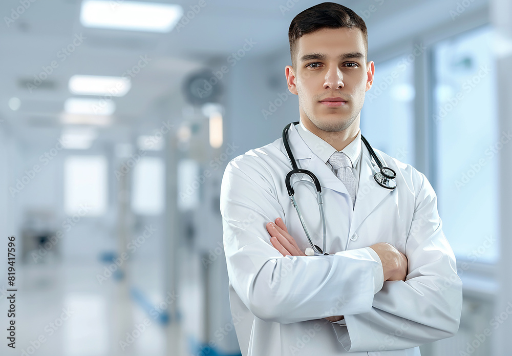 Photo portrait of young male doctor arms crossed and wearing a stethoscope Photo portrait of young male doctor arms crossed and wearing a stethoscope