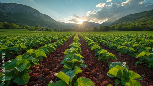 Sunrise over a lush green field with rows of crops and a mountainous backdrop, depicting the beauty of nature and agriculture.