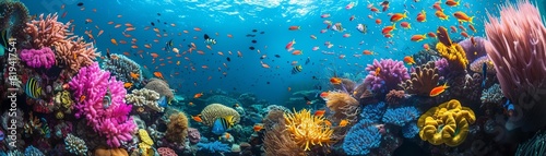 A vibrant coral reef bustling with colorful fish and marine life beneath crystal clear waters