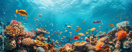 A vibrant coral reef teeming with colorful fish and marine life, under clear blue ocean water photo