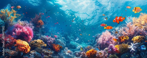 A vibrant coral reef teeming with colorful fish and marine life  under clear blue ocean water