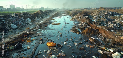 Urban pollution with piles of garbage and waste along a contaminated water canal. Industrial background with smoke in the distance. photo