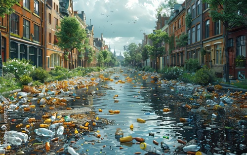 Urban street flooded with water and littered with floating debris, capturing the effects of urban waterlogging on the environment. photo