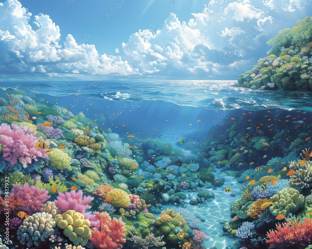 Vibrant underwater coral reef teeming with colorful marine life under bright blue sky with fluffy clouds.