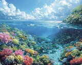 Vibrant underwater coral reef teeming with colorful marine life under bright blue sky with fluffy clouds.