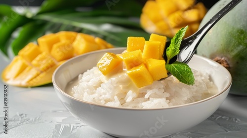 Delicious mango sticky rice served in a white bowl, garnished with a mint leaf, with a whole mango and sliced mango in the background © Vuk