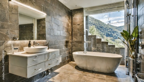 sleek modern bathroom with stylish tiled wall and white sink