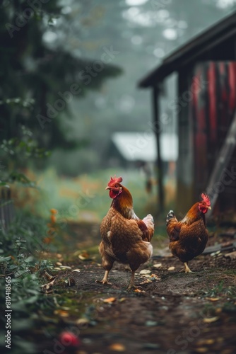 Two chickens pictured in a natural, outdoor environment, giving off a pastoral and self-sufficient atmosphere photo