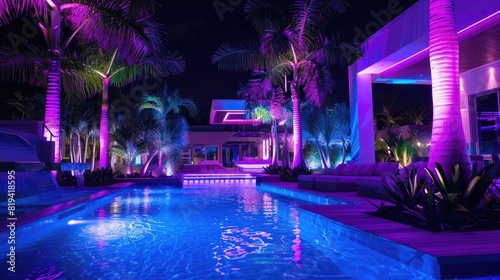 A nighttime shot of an outdoor pool area with LED lighting. Purple and blue lights in the background, surrounded by palm trees and other plants near a luxury home interior. High resolution photography © Khalif