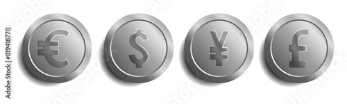silver coin dollar, pound, euro, and yen Different Currencies , money currency, currency symbol