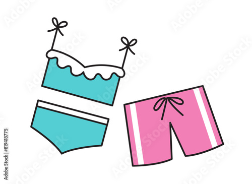 Swimsuits for woman and man. Vector clip art illustration on white background. 