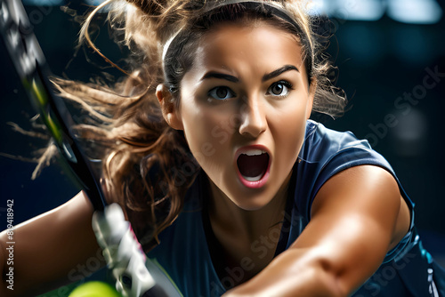 The enthusiastic face of a female tennis player when she hits the ball to win