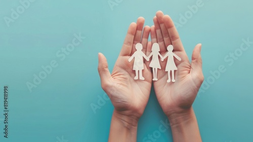 a pair of hands holding paper cutout people on blue background, family concept with copy space