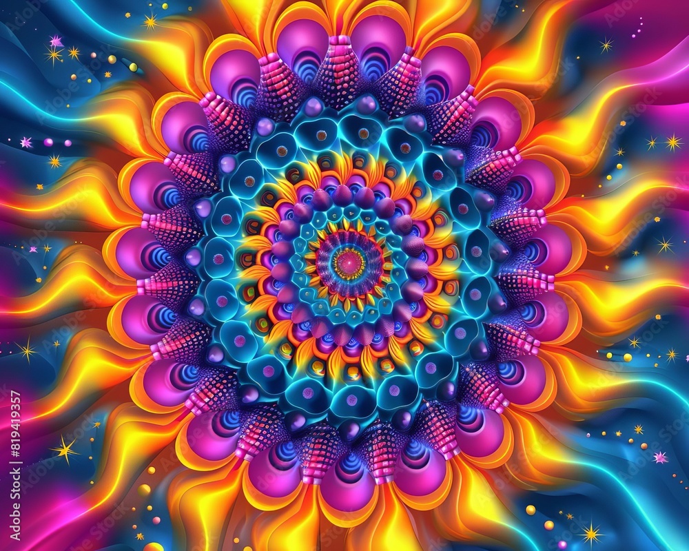 Psychedelic toy kaleidoscope with swirling patterns, vivid colors, abstract designs, trippy atmosphere, illustration
