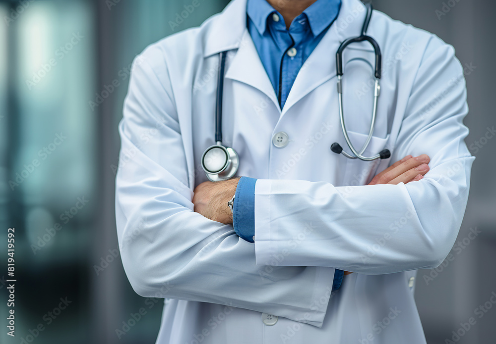 Photo portrait of young male doctor arms crossed and wearing a stethoscope