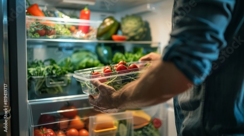 The image shows an individual's hand taking out a container of tomatoes from a fridge filled with fresh produce photo