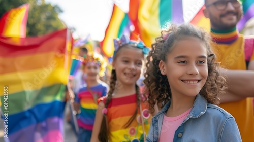 LGBTQ+ family with children enjoying a pride parade, colorful banners and flags in the background 