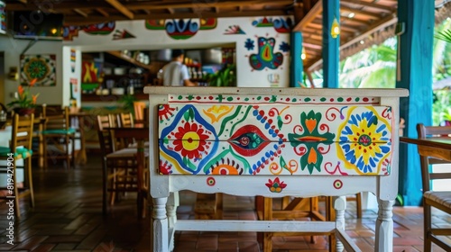 A white wooden cart with colorful traditional Colombian patterns inside the restaurant in Costa Rica's rainforest on a flat background. The cart features patterns