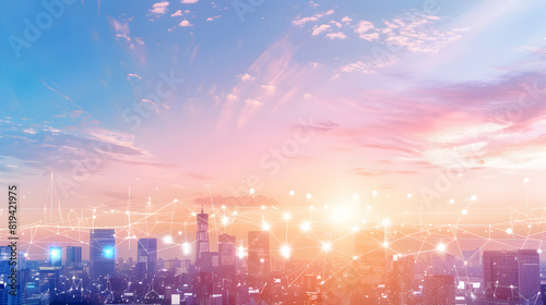 Urban City Skyline Silhouette at Dusk Futuristic concept of city with cyber security and big data
