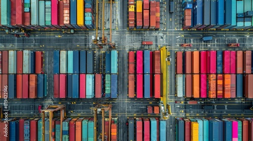 port terminal with rows of shipping containers neatly arranged and cranes actively loading and unloading cargo