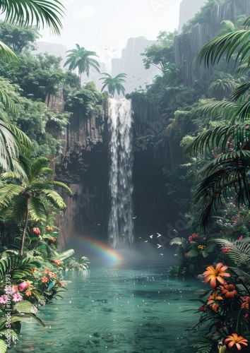 Stunning Tropical Waterfall Amidst Lush Greenery and Vibrant Flowers with a Rainbow Over Serene Lagoon in an Exotic Jungle Setting