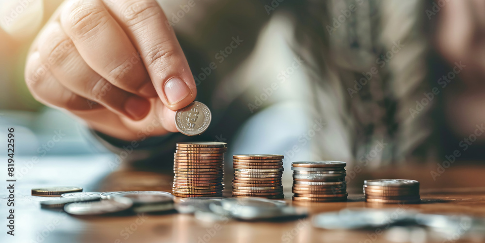 A hand holding euro coins with more coins on a table, symbolizing finance and wealth
