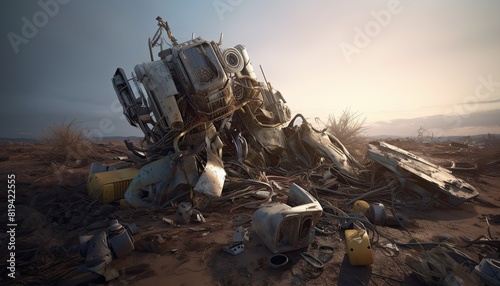 Broken robot, discarded machinery in trash bin, symbolizing uncertain future of technology. Reminds us to consider impacts of innovation. 🤖🗑️ #TechFuture