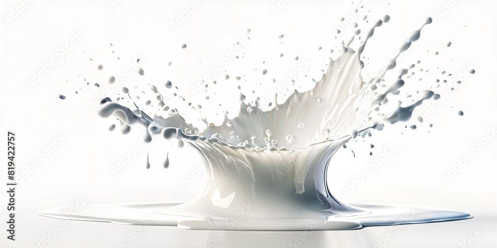 A splash of milk with droplets flying through the air, set against a white background. A splash of milk with droplets flying through the air, set against a white background.