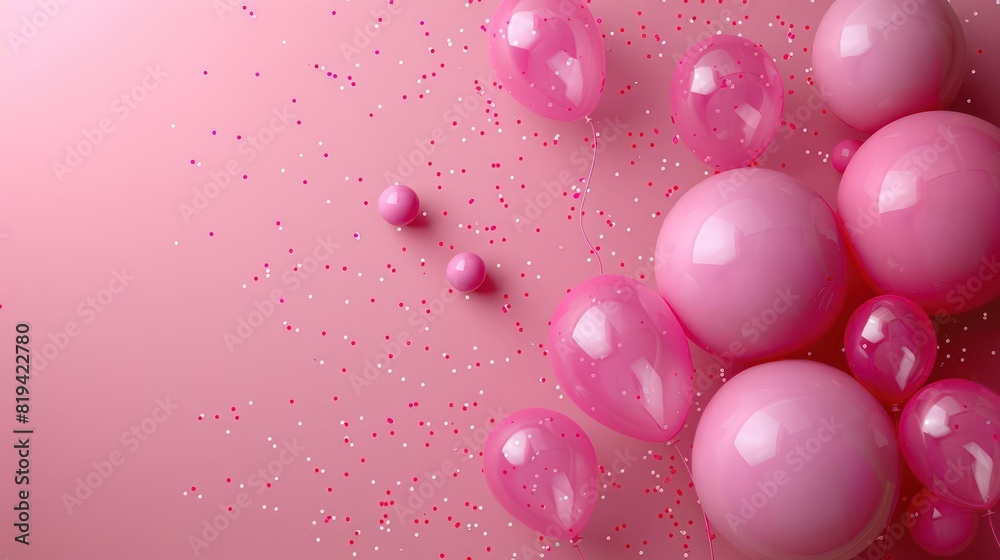 Stylish graphic with pink confetti, balloon clusters and a smooth gradient background, suggesting celebration or party atmosphere.