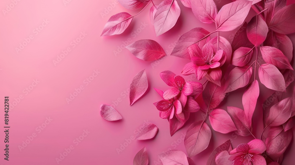 A digital illustration of a close-up floral arrangement with pink rose petals and light green leaves, set against a pink backdrop.