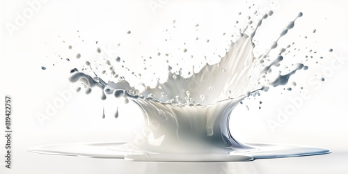 A splash of milk with droplets flying through the air  set against a white background.