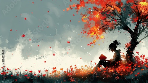 Magazine cover with an image of a student sitting under a tree and reading a book, simple and colorful illustration style made of flowers, calm and meditative style photo