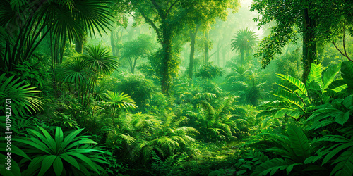 A lush  green jungle filled with tropical plants and towering trees.