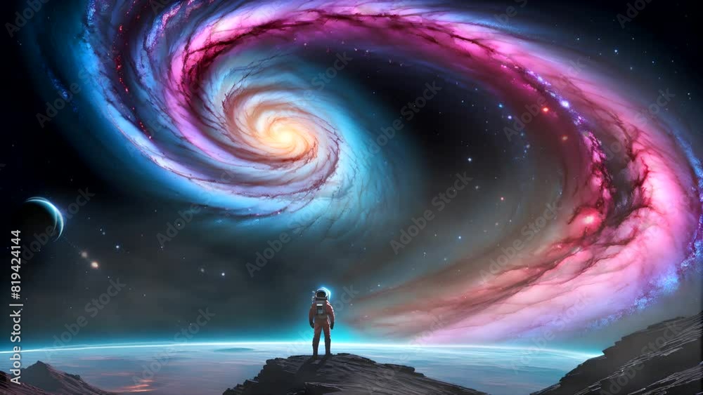 Astronaut in space with a mesmerizing galaxy vortex, representing the wonders of the universe