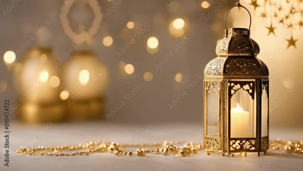 A plain Islamic video background in cream white satin, adorned with hanging lanterns and golden stars, loops horizontally A plain Islamic video background in cream white satin, adorned with hanging lanterns and golden stars, loops horizontally