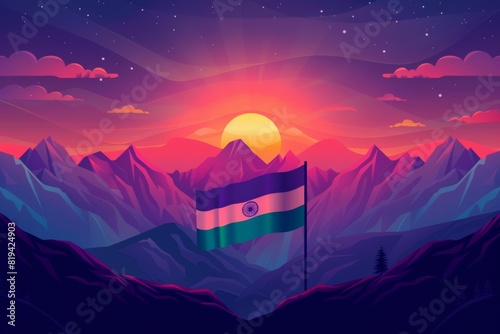 A flag is flying in the sky above a mountain range, Indian flag, flag of India photo