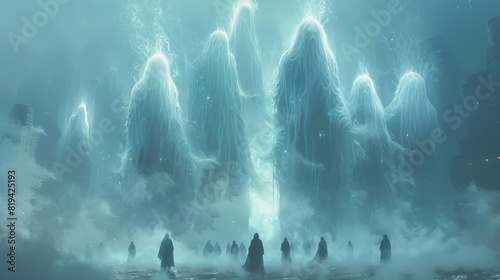 Ethereal hooded figures standing under a glowing sky in a foggy, mystical setting